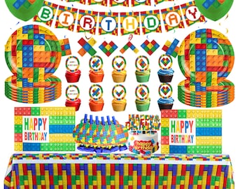 Bloques de Construcción Vajilla de fiesta Vajilla desechable Platos de colores Globos Telón de fondo Cumpleaños Fiesta de bienvenida al bebé Juguete Decoraciones para fiestas Chico Niños
