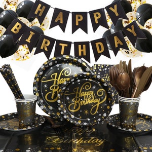 Black Gold Birthday Party Tableware Disposable Dinnerware Paper Plates Cups Napkins Cutlery Kids Boy Girls Adult Birthday Party Decorations