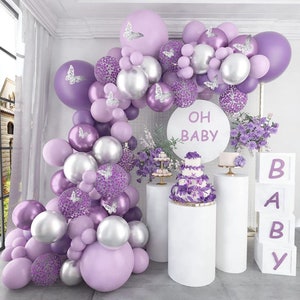 Purple Balloon Garland Arch Kit Metallic Silver Balloons Butterfly Stickers Confetti for Birthday Wedding Party Baby Shower Decorations