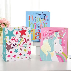 12 Uds. Bolsas de regalo de fiesta de unicornio, regalos de cumpleaños para niños, bolsas de regalo de papel para dulces, suministros para fiestas de cartón para Baby Shower con arcoíris para niñas y niños