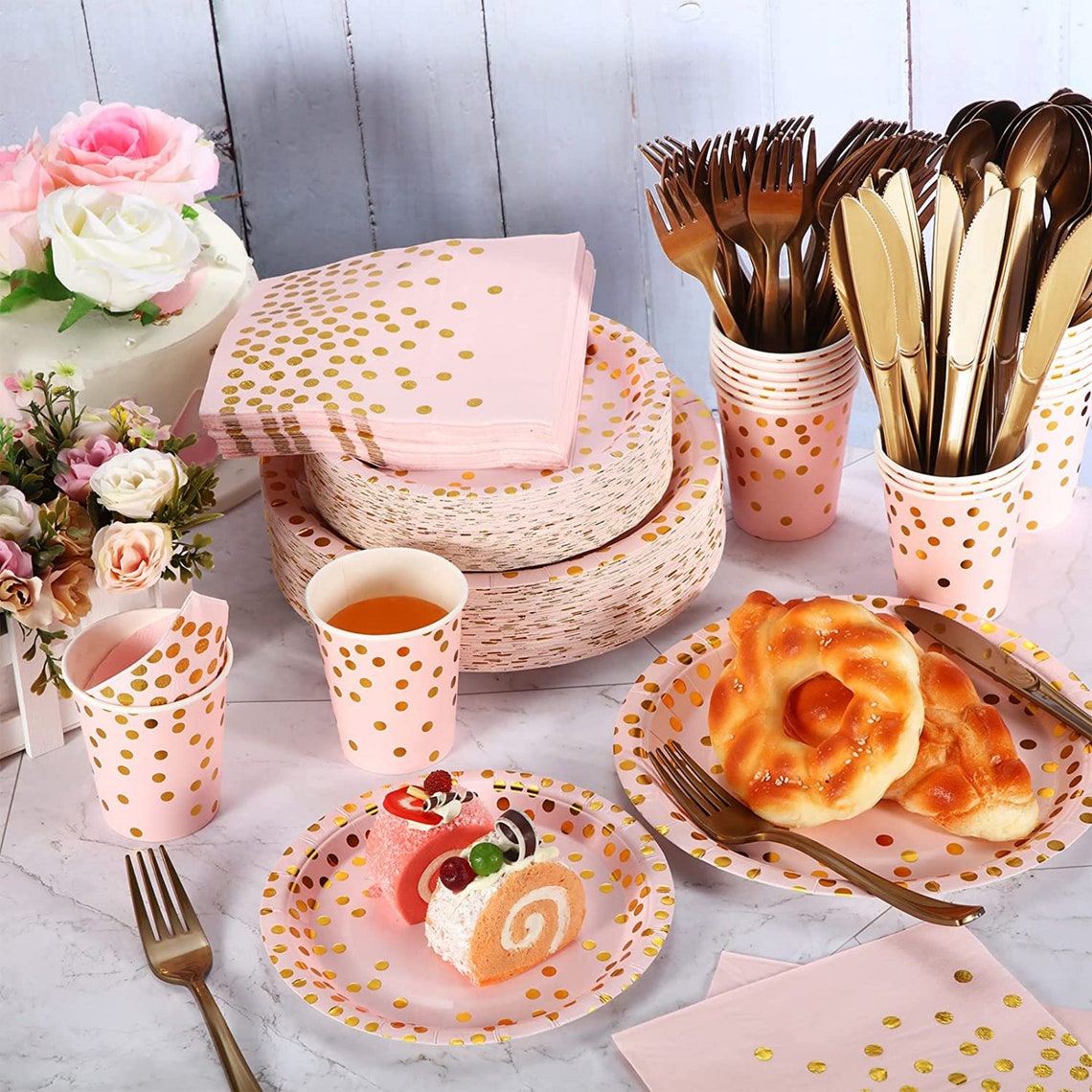Pink Gold Party Tableware Birthday Supplies Disposable Dinnerware Gold ...