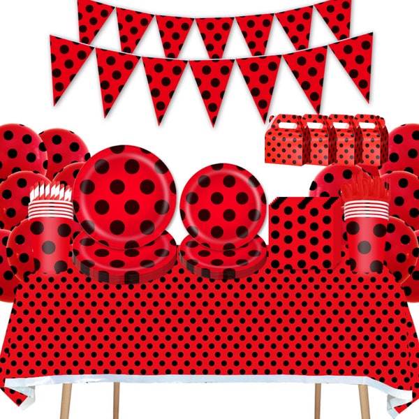 Vaisselle de fête coccinelle décorations d'anniversaire noir rouge point vaisselle jetable serviette tasses nappe baby shower enfants fête fournitures