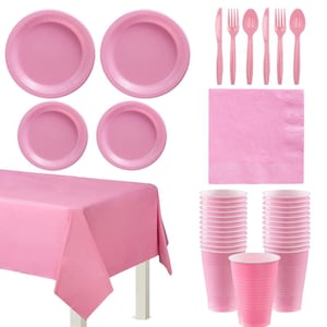 Pink Party Tableware Set Disposable Plastic Plates Cups Napkins Knife Spoon Fork Cutlery TableCover Solid Birthday Party Supplies Dinnerware