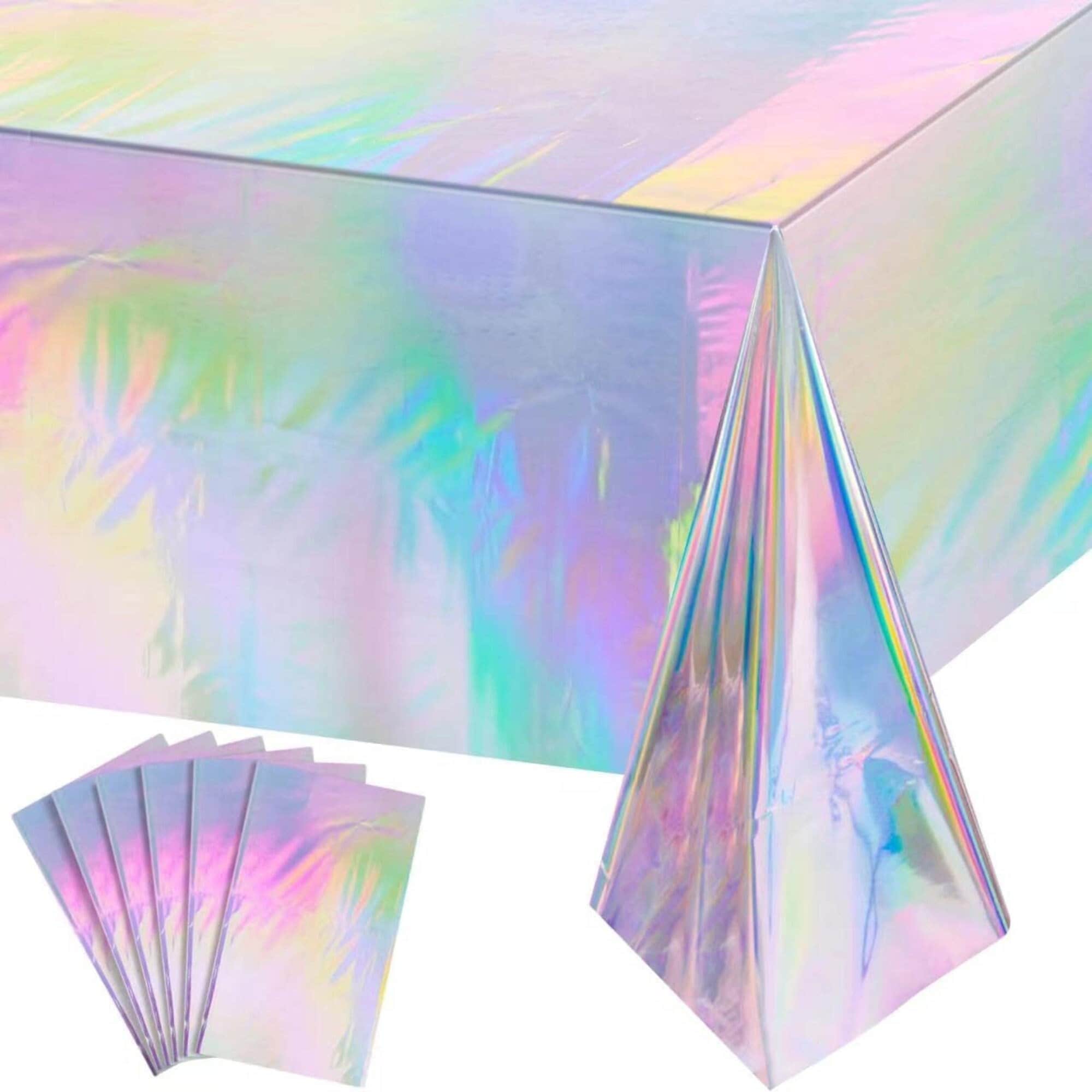 12 Pack Iridescent Pastel Plastic Tablecloths – 54 X 108 Inch Rainbow Holographic Party Decor