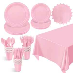 Pink Party Tableware Set Disposable Paper Plates Cups Napkins Knife Spoon Fork Cutlery TableCover Solid Birthday Party Supplies Dinnerware