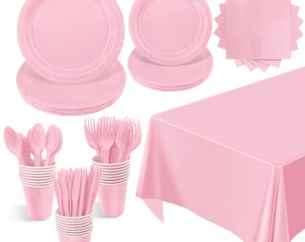 Pink Party Tableware Set Disposable Paper Plates Cups Napkins Knife Spoon Fork Cutlery TableCover Solid Birthday Party Supplies Dinnerware