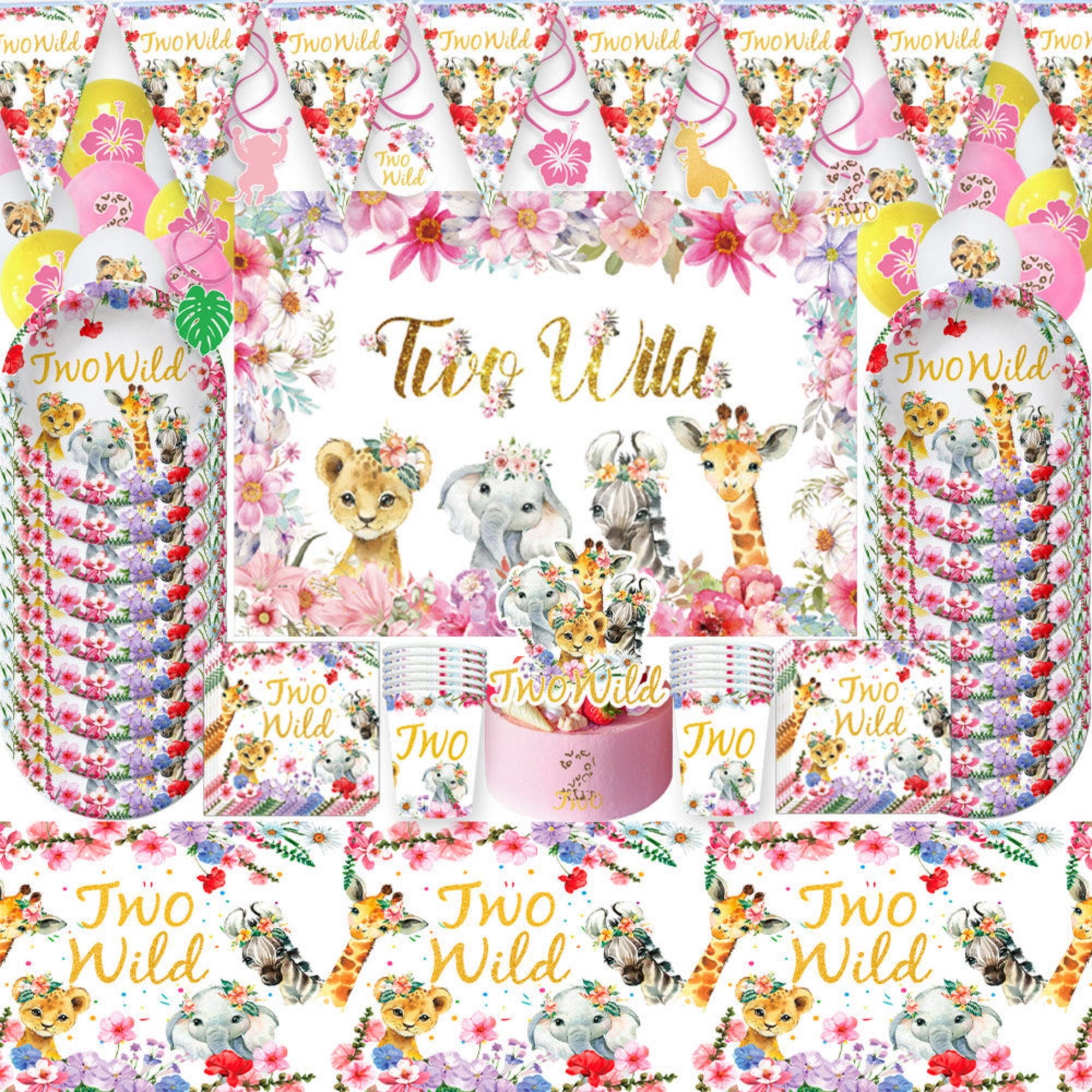 Two Wild Party Tableware Disposable Dinnerware Decor Jungle Safari Pink Plates Cups Straws Tablecloth Napkins Cake Topper Birthday Supplies