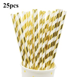 May include: A bundle of 25 gold and white striped paper straws. The straws are in a white cup with gold polka dots.
