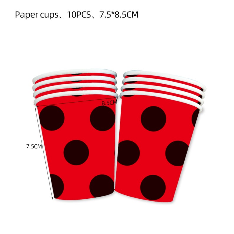 May include: A set of 10 red paper cups with black polka dots. The cups are 7.5 inches tall and 8.5 inches in diameter.