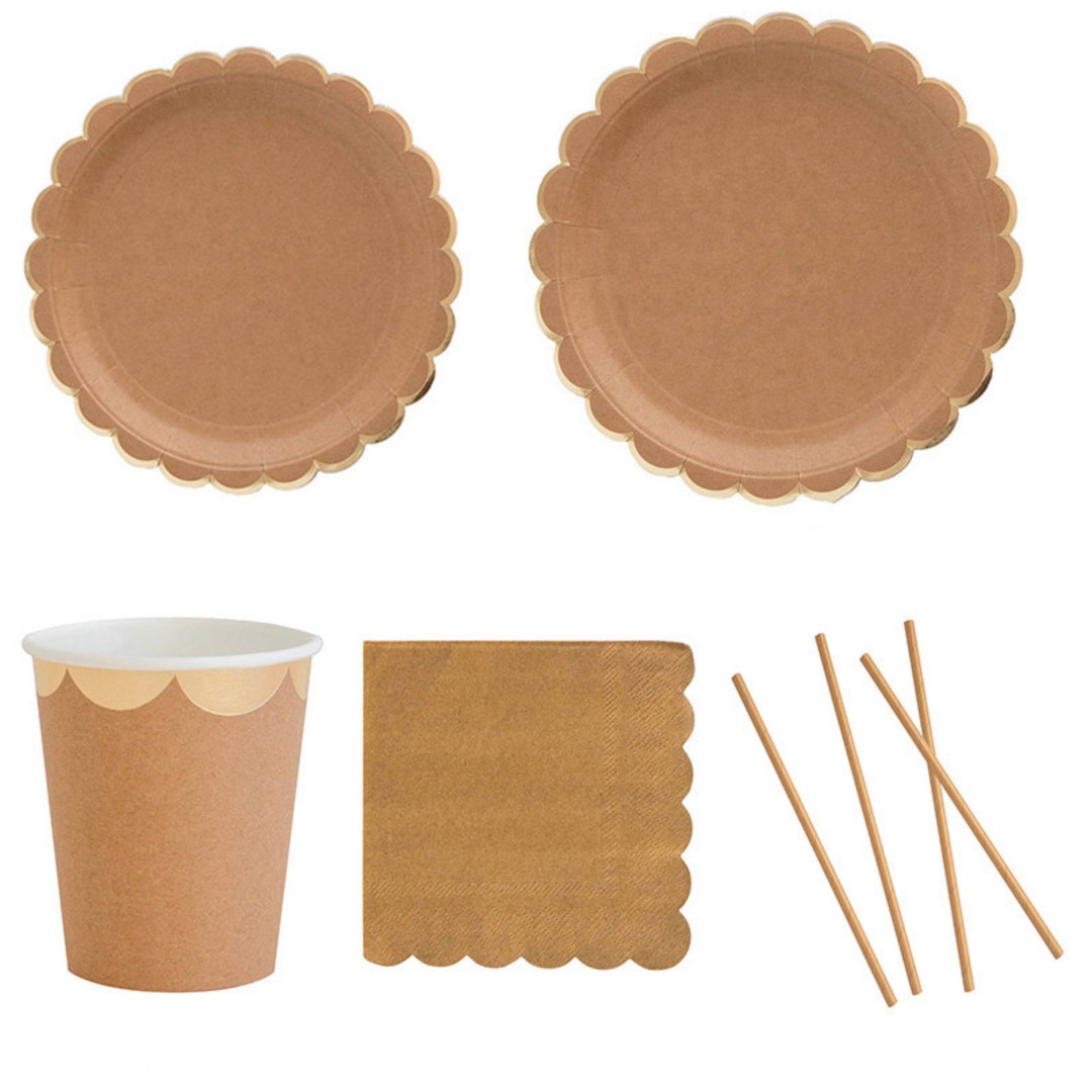 Kraft Paper Party Tableware Set Disposable Paper Plates Cups Napkins