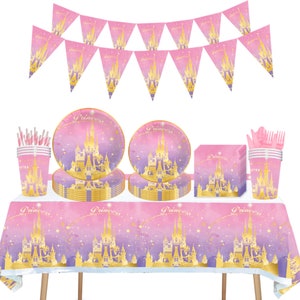 Pink Princess Castle Party Tableware Baby Shower Disposable Dinnerware Paper Cups Napkins Plates Banner Straw Kids Party Birthday Decoration