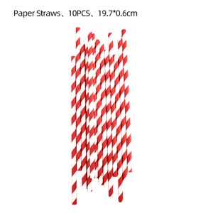 May include: A bundle of 10 red and white striped paper straws. Paper Straws, 10PCS, 19.7*0.6cm