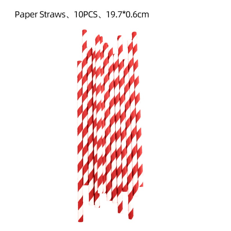 May include: A bundle of 10 red and white striped paper straws. Paper Straws, 10PCS, 19.7*0.6cm