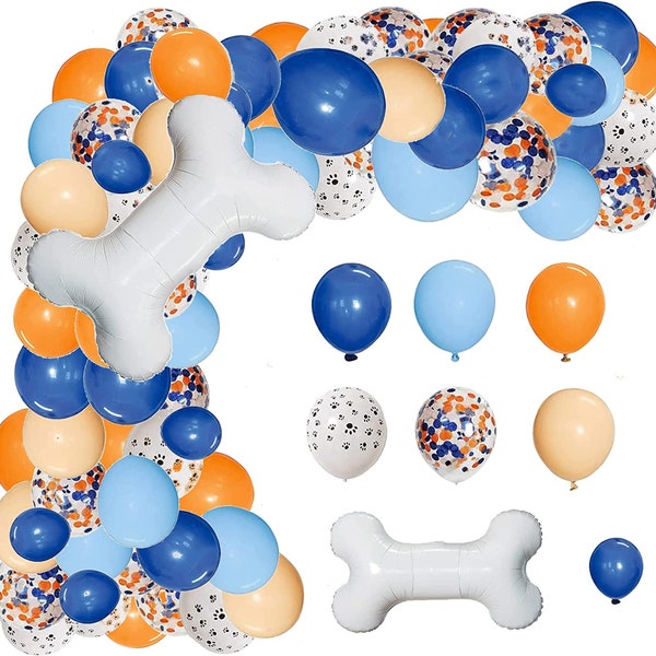 Party Balloon Garland Kit Blue Orange Blush Dog Paw Balloon Arch with Bone Shaped Foil Balloons Girl Boy Cartoon Birthday Party Decorations