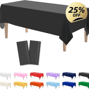 May include: A black rectangular tablecloth covers a wooden table. The tablecloth is draped over the table, with the corners hanging down. Two black rectangular table covers are shown. A gold sticker with the text "25% OFF" is in the upper right corner. Various colored tablecloths are shown.