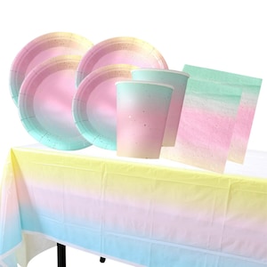 Gradient Rainbow Disposable Tableware Party Dinnerware Paper Cups Plates Napkins Tablecloth Kids Birthday Wedding Ombre Supplies Party Decor