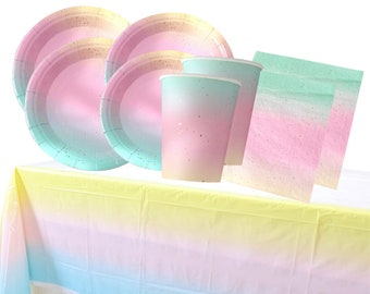 Gradient Rainbow Disposable Tableware Party Dinnerware Paper Cups Plates Napkins Tablecloth Kids Birthday Wedding Ombre Supplies Party Decor