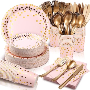 Stoviglie per feste in oro rosa Forniture di compleanno Stoviglie usa e getta Piatto di carta con punti dorati Tovagliolo Tazza Festa del lavoro Forniture per feste per adulti di Halloween