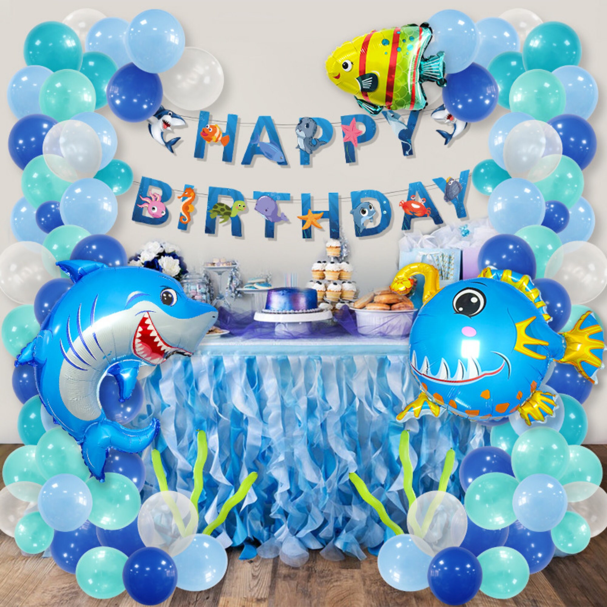 Ocean Animals Balloon Arch Kit Sea Light Blue Metallic Blue with Foil Shark Lophiiformes Fish Balloons for Birthday Party