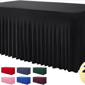 May include: A black rectangular table cover with a pleated skirt. The table cover is shown in a variety of colors, including red, blue, and green. A gold sticker with the text "25% OFF" is in the bottom right corner.