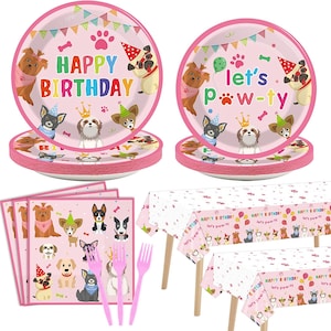 Stoviglie per feste di compleanno per cani Decorazioni usa e getta Stoviglie per cuccioli Piatti di carta Tovaglioli Tovaglie Kit di forniture per feste di compleanno per ragazze