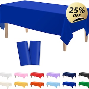 May include: A royal blue rectangular tablecloth draped over a wooden table. Two rolled-up blue table covers are in front of the table. A gold sticker with the text "25% OFF" is on the top right corner. Additional tablecloths in various colors are at the bottom.