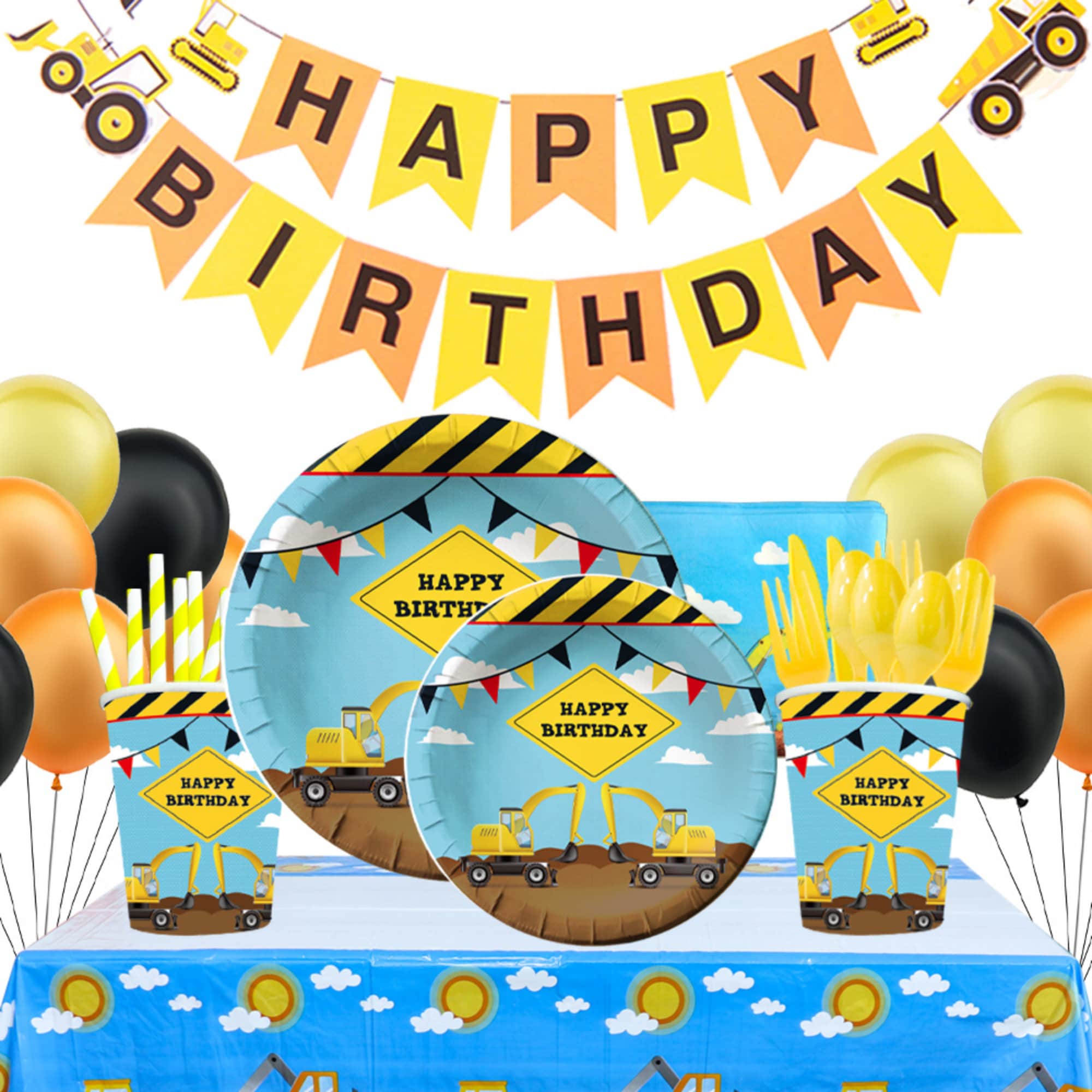 Construction Tractor Disposable Tableware Party Dinnerware Paper Cup Plates Napkins Truck Vehicle Excavator Kids Birthday