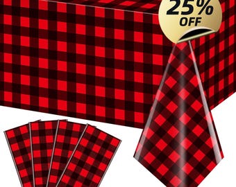 Christmas Buffalo Plaid Tablecloths Disposable Plastic Tablecovers Red Black Waterproof Rectangle Picnic Table Covers for Birthday, Wedding