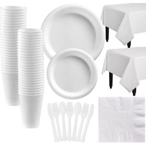 ホワイトパーティー食器使い捨てプラスチックプレートカップナプキンナイフスプーンフォークカトラリーテーブルカバーソリッドバースデーパーティー用品ディナーウェア