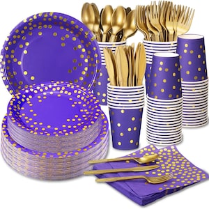 Purple Gold Party Tableware Birthday Supplies Disposable Dinnerware Gold Dot Paper Plate Napkin Cup Labor Day Halloween Adult Party Supplies