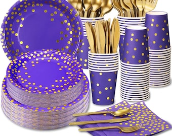 Purple Gold Party Tableware Birthday Supplies Disposable Dinnerware Gold Dot Paper Plate Napkin Cup Labor Day Halloween Adult Party Supplies