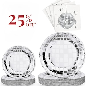 May include: Silver disco ball-shaped paper plates and matching napkins. The plates are stacked on top of each other. The napkins have a disco ball design. The text "25% OFF" is in the upper left corner.