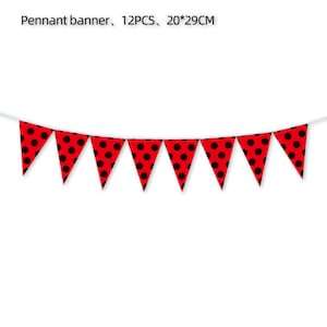 May include: Red and black pennant banner with black polka dots. The banner is 12 pieces and each piece is 20 by 29 centimeters.