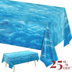 May include: A blue tablecloth with a water wave design. The tablecloth is draped over a table, with a smaller table also covered in the same pattern. The image includes a 25% off promotion in the bottom right corner.