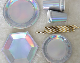 虹色パーティー食器 使い捨て食器 虹色装飾パーティー用品 デザートプレート カップ ホログラフィック 誕生日 ベビーシャワー