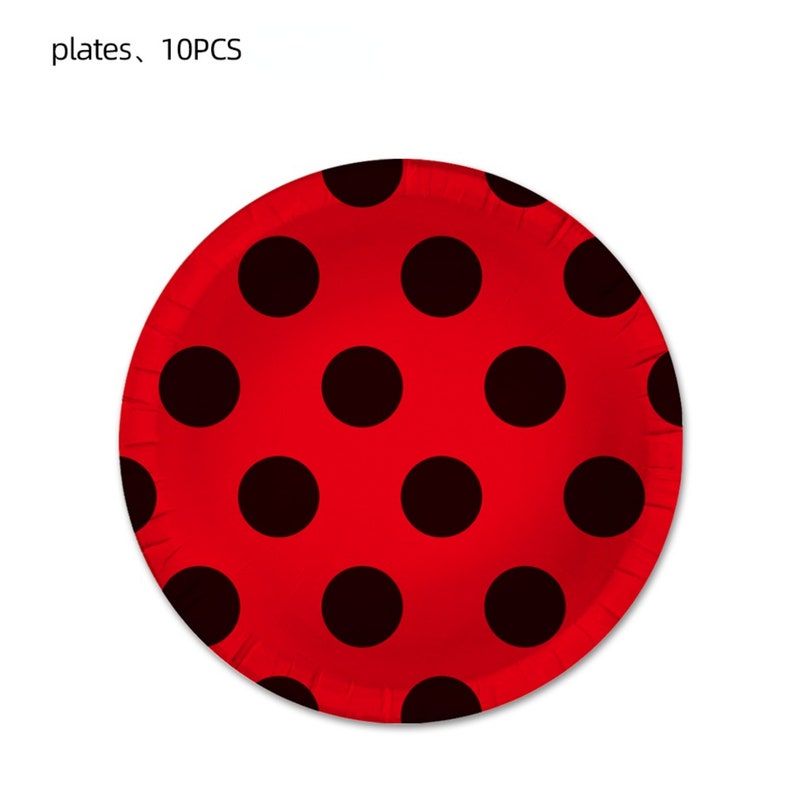 May include: Red paper plates with a black polka dot pattern. The text "plates, 10PCS" is printed on the top of the image.