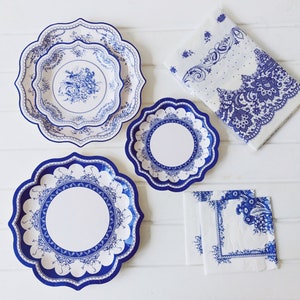 Stoviglie per feste in porcellana bianca blu Stoviglie usa e getta Piatti di carta cinesi Vassoio Floreale Picnic Matrimonio Compleanno Decorazioni per bambini
