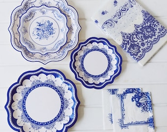 Vaisselle de fête en porcelaine bleu blanc vaisselle jetable assiettes en papier chinois plateau pique-nique floral anniversaire de mariage enfants décoration fournitures