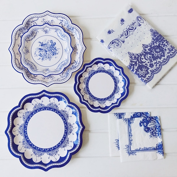 Blue White Porcelain Party Tableware Disposable Dinnerware Chinese Paper Plates Tray Floral Picnic Wedding Birthday Children Decor Supplies