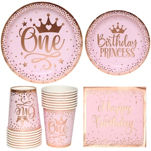 Disposable Tableware 1st Birthday Decor Girls Pink One Birthday Party Dinnerware First Year Decorations Paper Plates Cups Cutlery