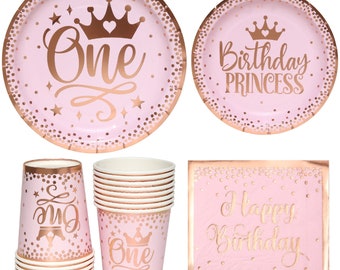 Disposable Tableware 1st Birthday Decor Girls Pink One Birthday Party Dinnerware First Year Decorations Paper Plates Cups Cutlery