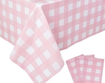Pink White Checkered Tablecloths Disposable Plastic Gingham Tablecovers Waterproof Rectangle Picnic Table Covers for Birthday Party Supplies