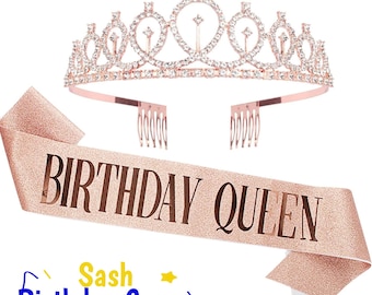 Birthday Crown and Sash for Women - Rose Gold Rhinestone Tiara Set and Birthday Queen Sash for Decorations