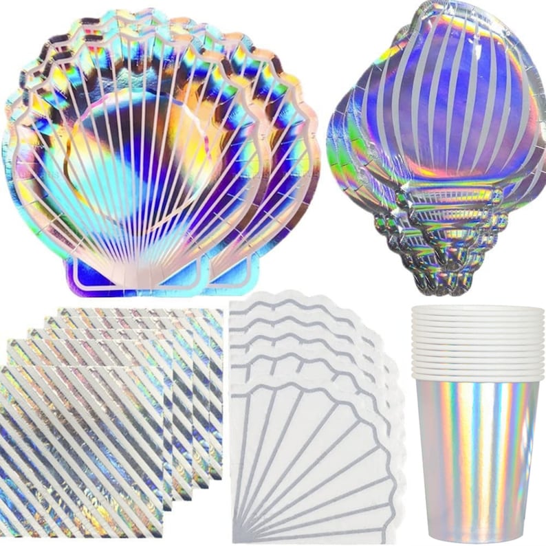 Mermaid Party Tableware Disposable Dinnerware Birthday Supplies Iridescent Metallic Plates Baby Shower Wedding Shell Conch