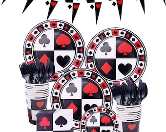 Vajilla para fiesta de casino, vajilla desechable, puente de póquer, cumpleaños, Vegas, paquete de decoración para fiesta con pancarta, platos, tazas, servilletas, cuchillo, cuchara y tenedor