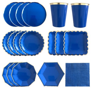 Deep Blue Gold Party Tableware Disposable Paper Plates Cups Napkins Cutlery Solid Wave Square Birthday Party Supplies Dinnerware Decoration
