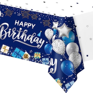 Tovaglia per feste Decorazioni di buon compleanno Blu navy Argento Rettangolo in plastica Usa e getta Copritavolo Ragazzi Ragazze Uomini Donne Articoli per feste