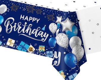 Nappe de fête décorations de joyeux anniversaire bleu marine argent rectangle en plastique couverture de table jetable garçons filles hommes femmes articles de fête