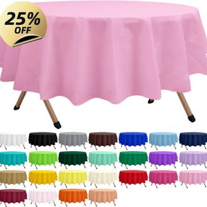 May include: A round, pale pink tablecloth on a folding table with wooden legs. The image shows a selection of other coloured tablecloths. A gold circle with the text "25% OFF" is in the upper left corner.