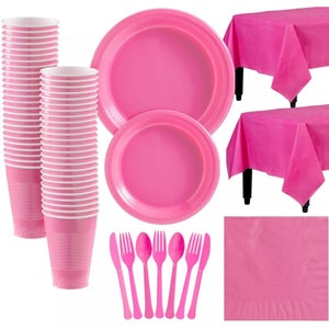 Hot Pink Party Tableware Disposable Plastic Plates Cups Napkins Knife Spoon Fork Cutlery TableCover Soild Birthday Party Supplies Dinnerware